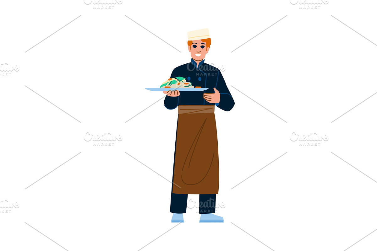 Smiling chef holding tray with, a Person Illustration by pikepicture
