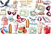 1950s Style Beach Day Clipart, an Illustration by Watercolor design (Thumbnail 1 of 5)
