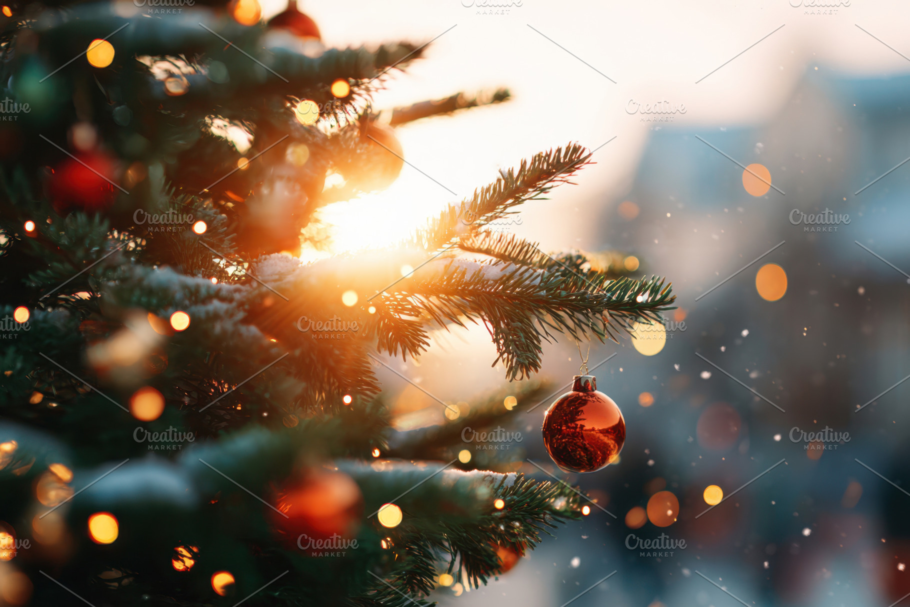 Festive Christmas tree with ornament and sunlight, a Holiday Photo by AlyaAnd