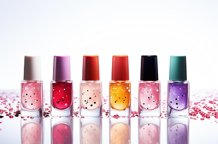 Bottles of colorful nail polish on white background, a Beauty & Fashion Photo by AlyaAnd