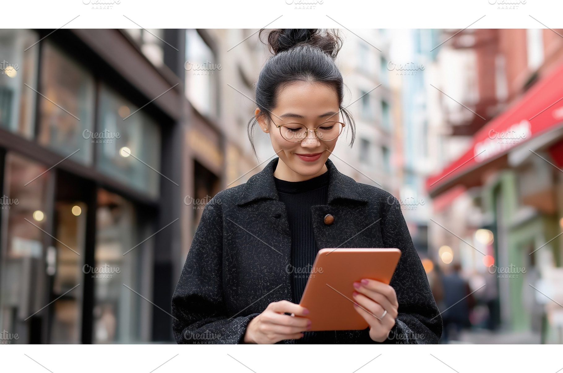 Asian woman using a tablet while, a Person Photo by Sergey Kotenev