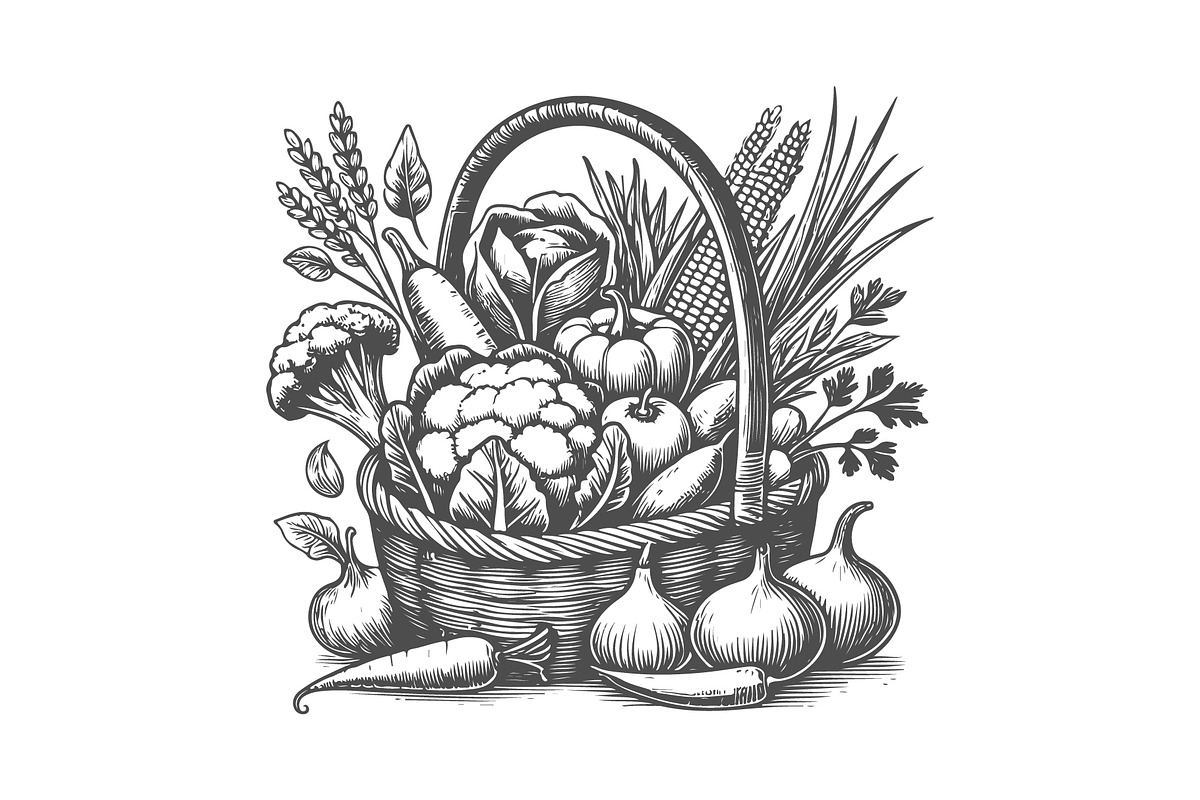 Rustic Hand-Drawn Vegetable Basket, a Food Illustration by MkStudio (Photo 4 of 4)
