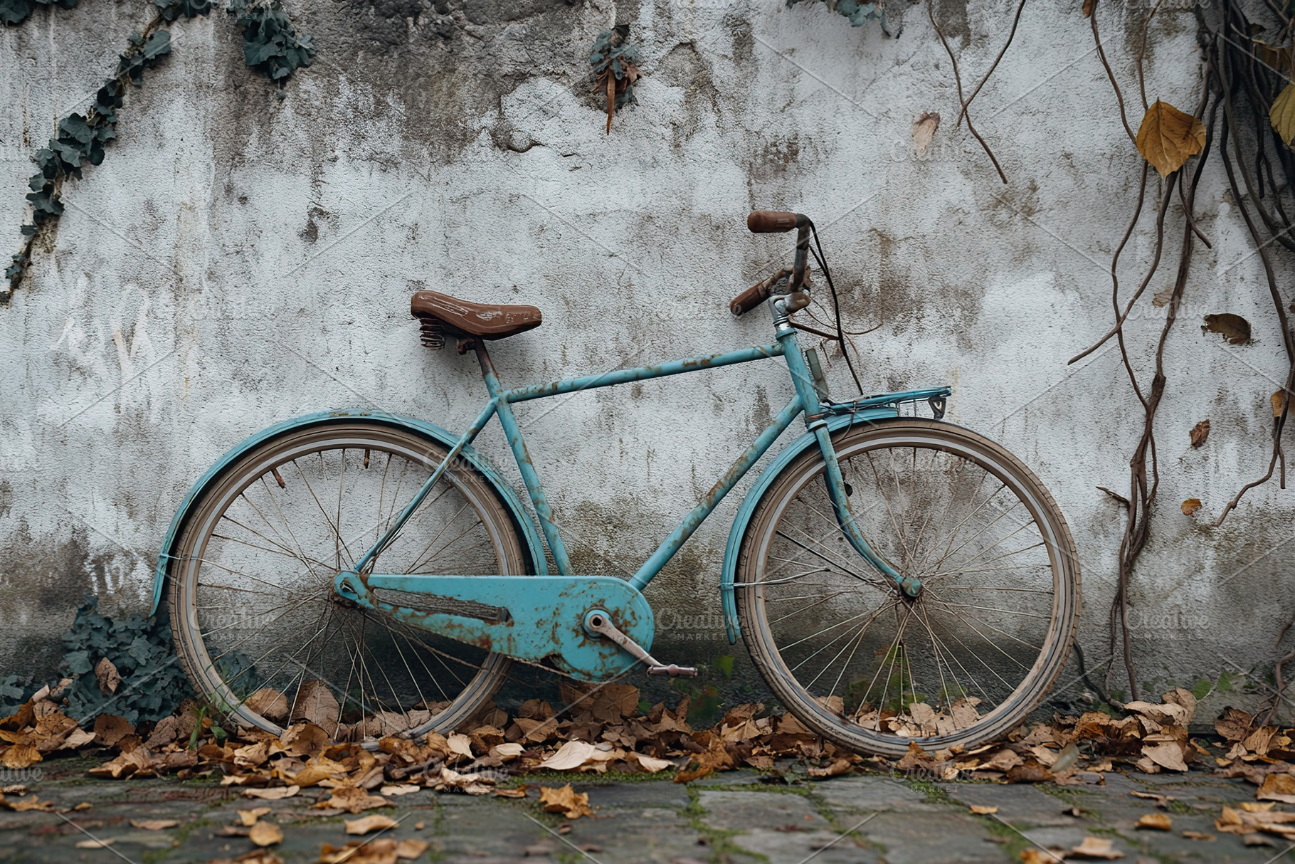 Old retro bike near grey wall background, a Photo by AlyaAnd