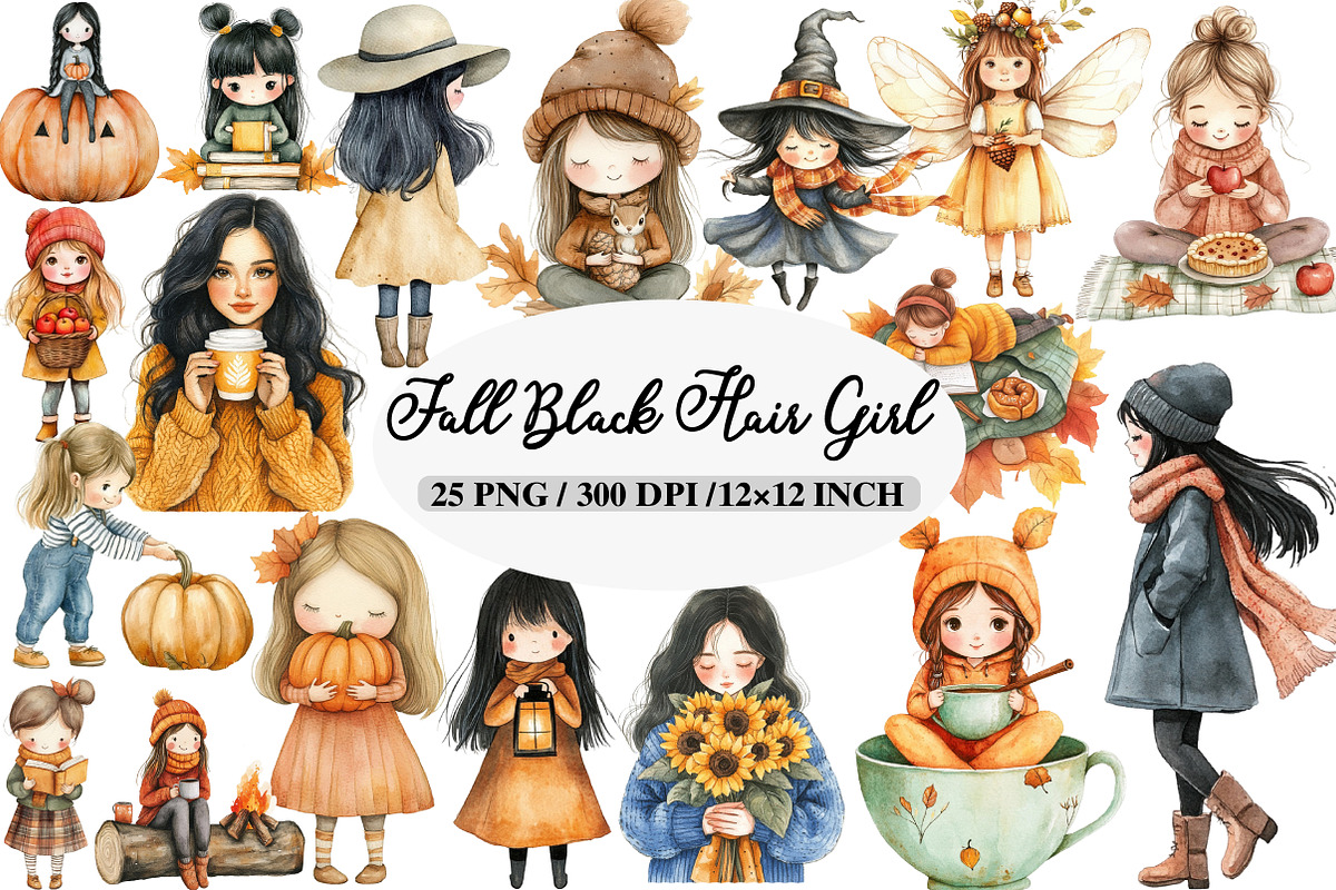 Whimsical Fall Black Hair Girl Clipa, an Illustration by Daily.Designs (Photo 1 of 5)
