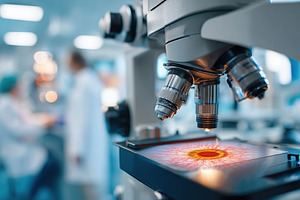 Diagnostic machine scans specimen under microscope in laboratory setting, a Technology Photo by AlyaAnd