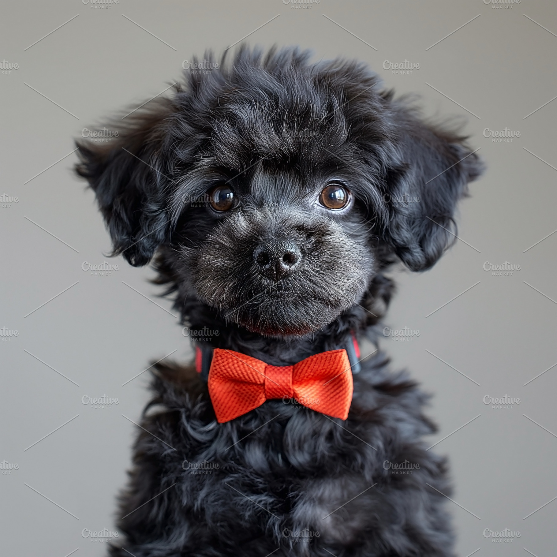 A stylish black puppy wearing a bright orange bow tie, exuding charm and person, an Animal Photo by ImageMir