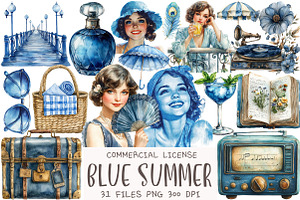 1920s Blue Summer Clipart, an Illustration by OK Design