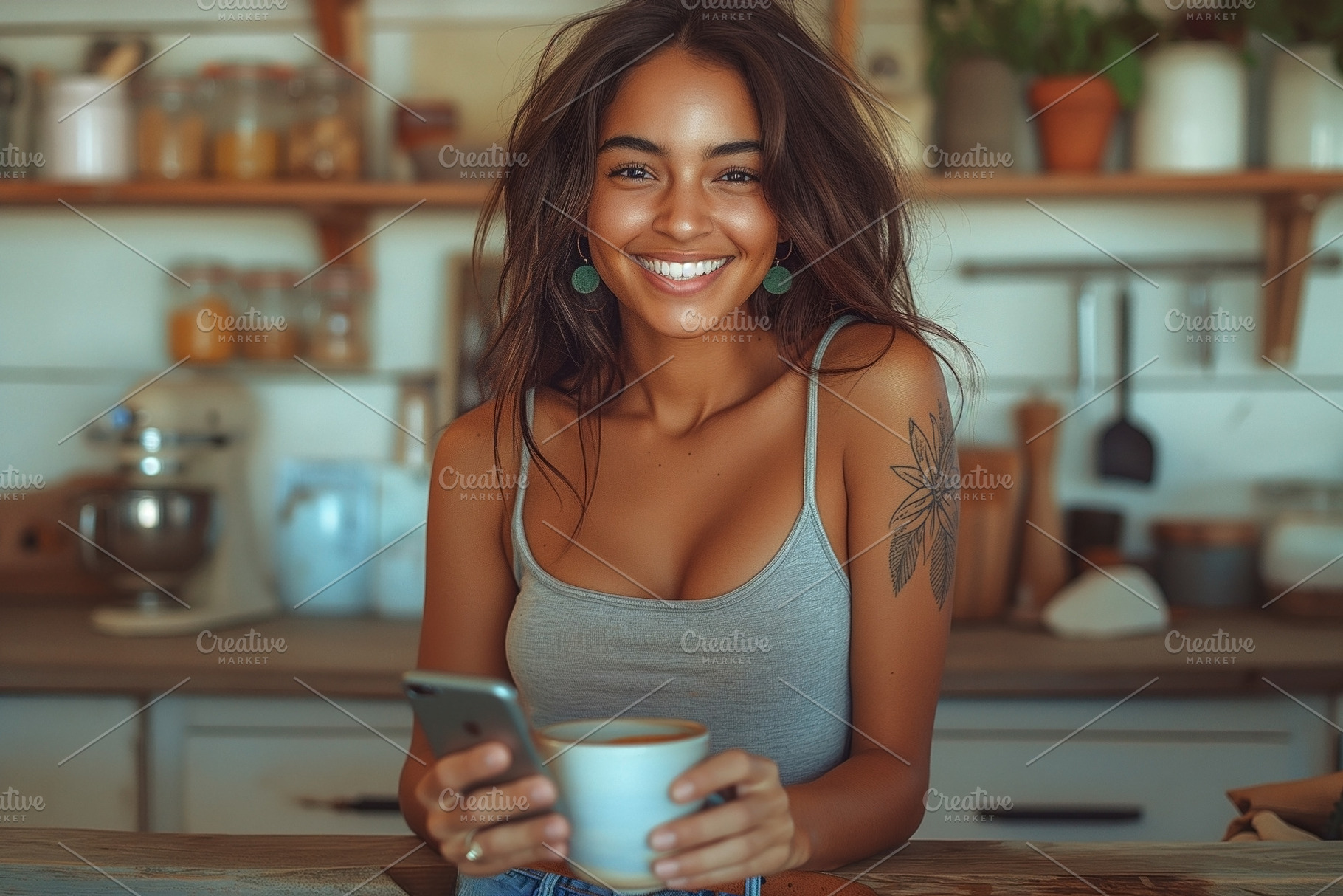 Cheerful young woman smiling while holding a cup of coffee in a, a Person Photo by ImageMir