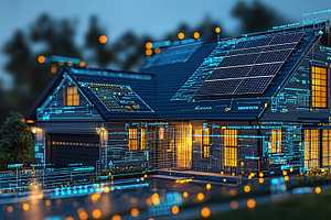 Modern house with integrated digital technology and solar panels at dusk, an Illustration by AS photostudio
