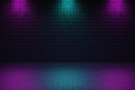 Dark empty room made from brick with violet and blue color spotl, an Arts & Entertainment Photo by Ministocker