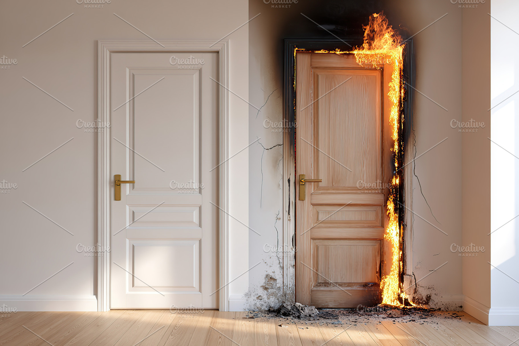 One door shows signs of fire damage while the adjacent door remains untouched,, a Photo by AlyaAnd