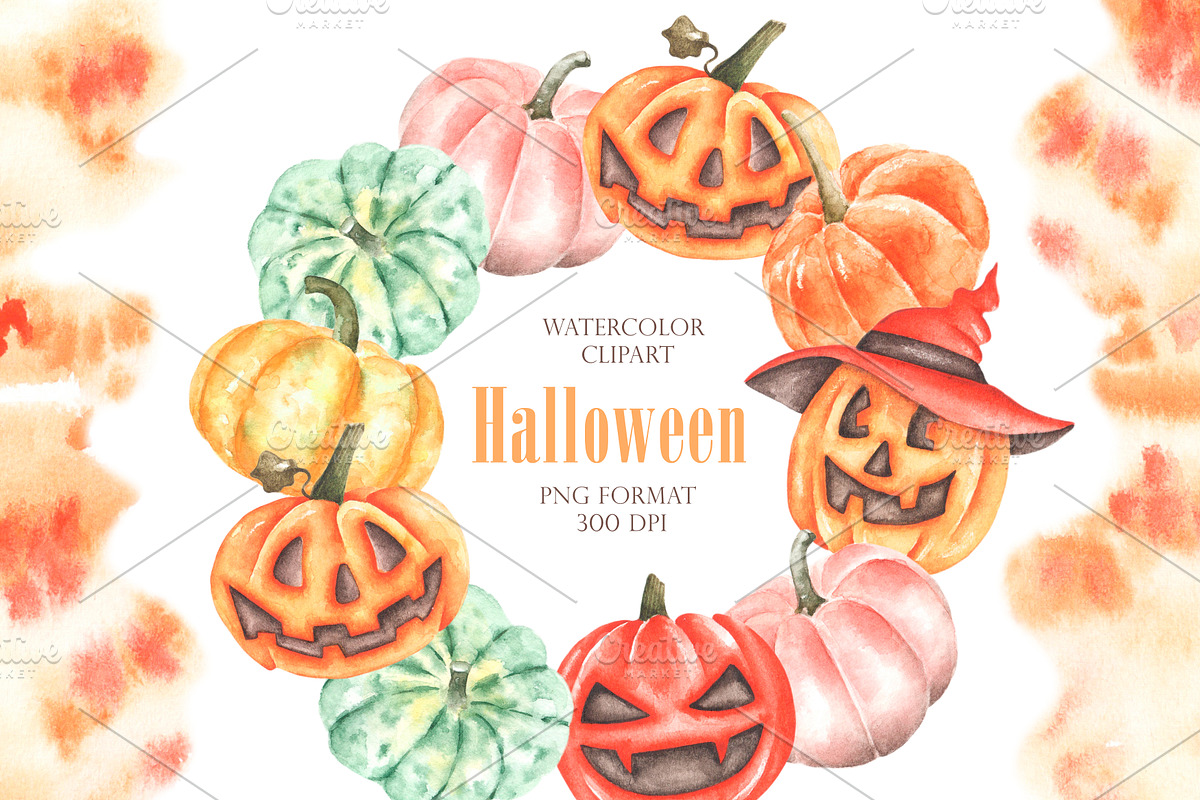 Halloween watercolor set. Pumpkins., a Seasonal Illustration by SabinaWatercolorArt (Photo 9 of 14)