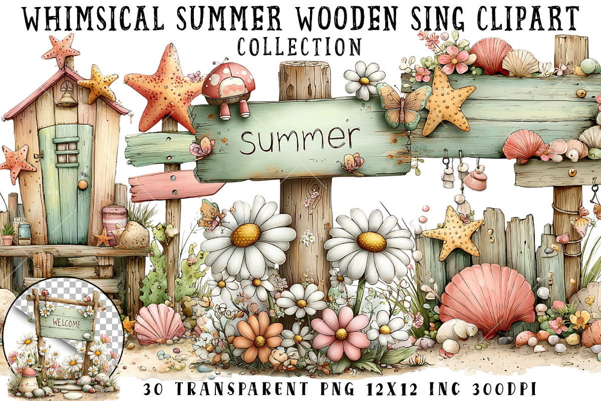Whimsical Summer Wooden Sing Clipart, an Illustration by OK Design (Photo 1 of 6)