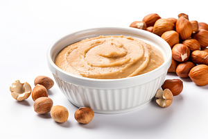 Bowl of hazelnut butter on white background, a Food & Drink Photo by AlyaAnd