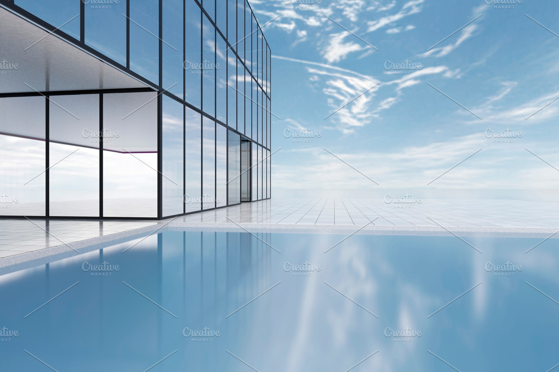 Modern glass building with pool and ocean horizon view, an Architecture Photo by RF Images