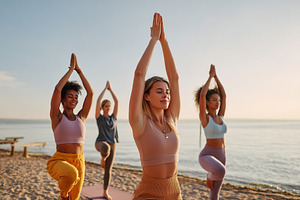 Women in yoga practice on mats along a tranquil beach, a Sports & Recreation Photo by AlyaAnd