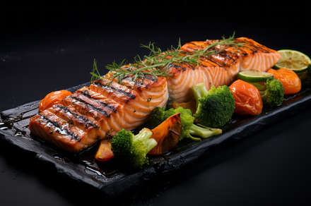 Grilled salmon steak with vegetables on the table close up, a Food & Drink Photo by Natalia Klenova's Shop