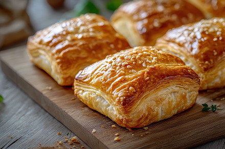 Golden Brown flaky pastry rests on a, a Photo by Iftikhar Alam