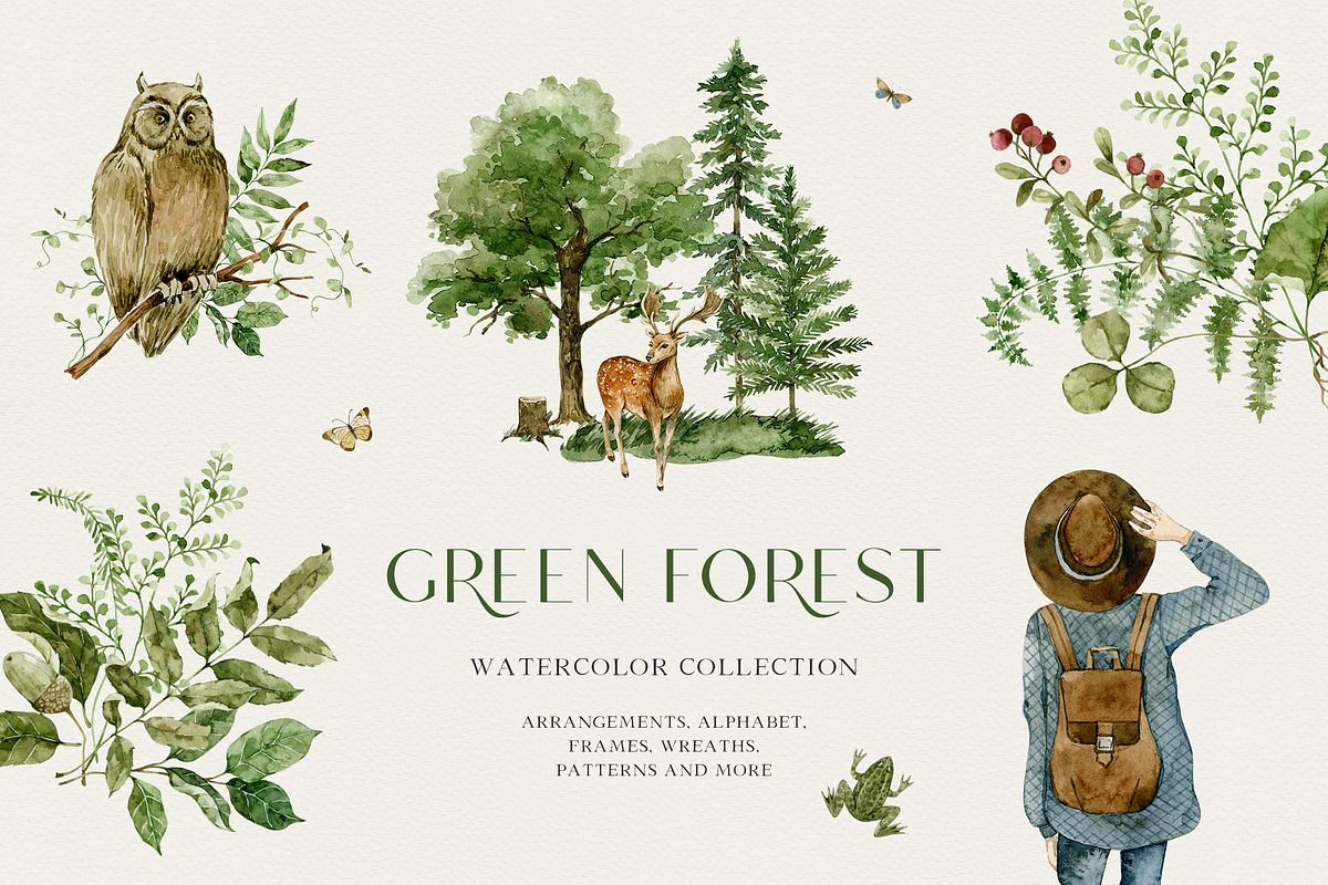 GREEN FOREST watercolor collection, an Object Illustration by long summer (Photo 1 of 17)