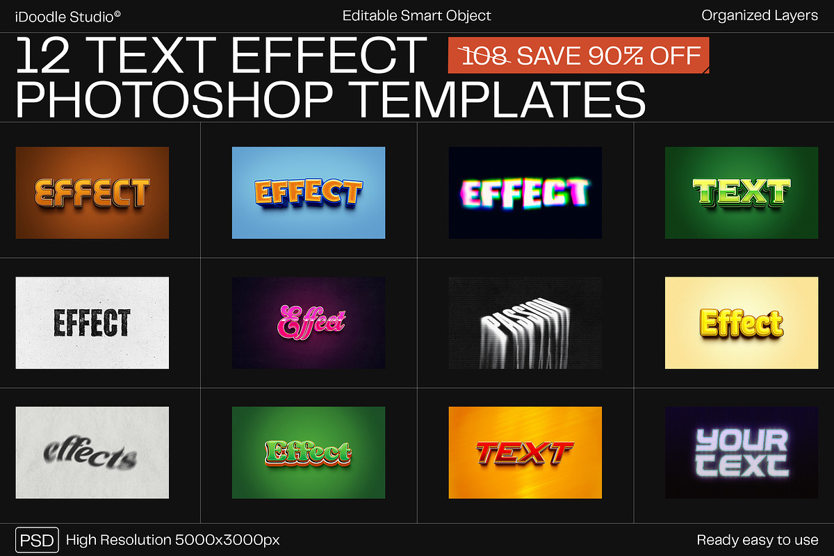 12 Text Effect Templates, a Layer Style Add-On by iDoodle Studio (Photo 1 of 6)