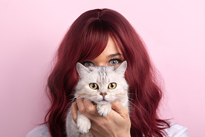 Portrait of a woman with red hair holding a British Shorthair ca, an Animal Photo by Ales Munt