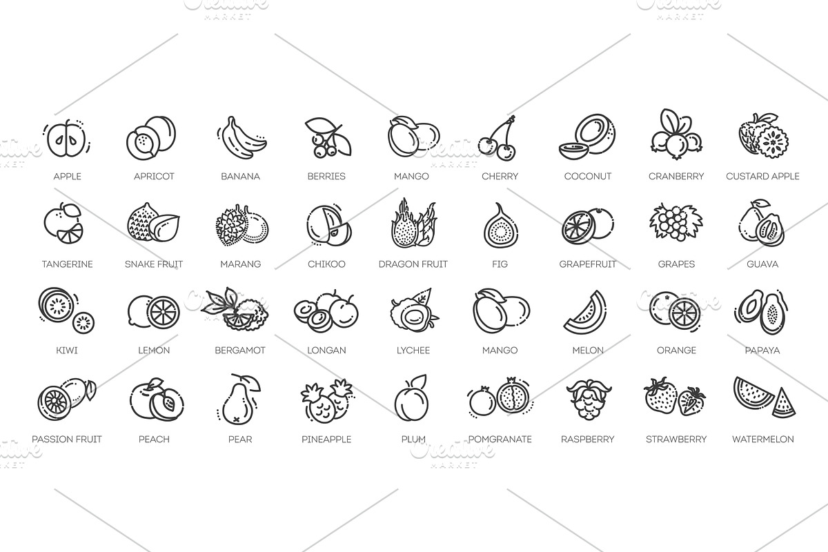 Fruit Healthy Eating Thin Line Pack, an Outline Icon by Tettygreen (Photo 1 of 2)