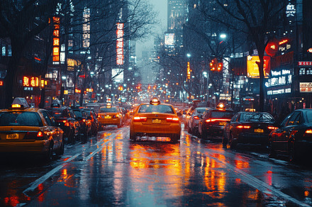 Busy city street at night during hea, a Photo by Tanuart
