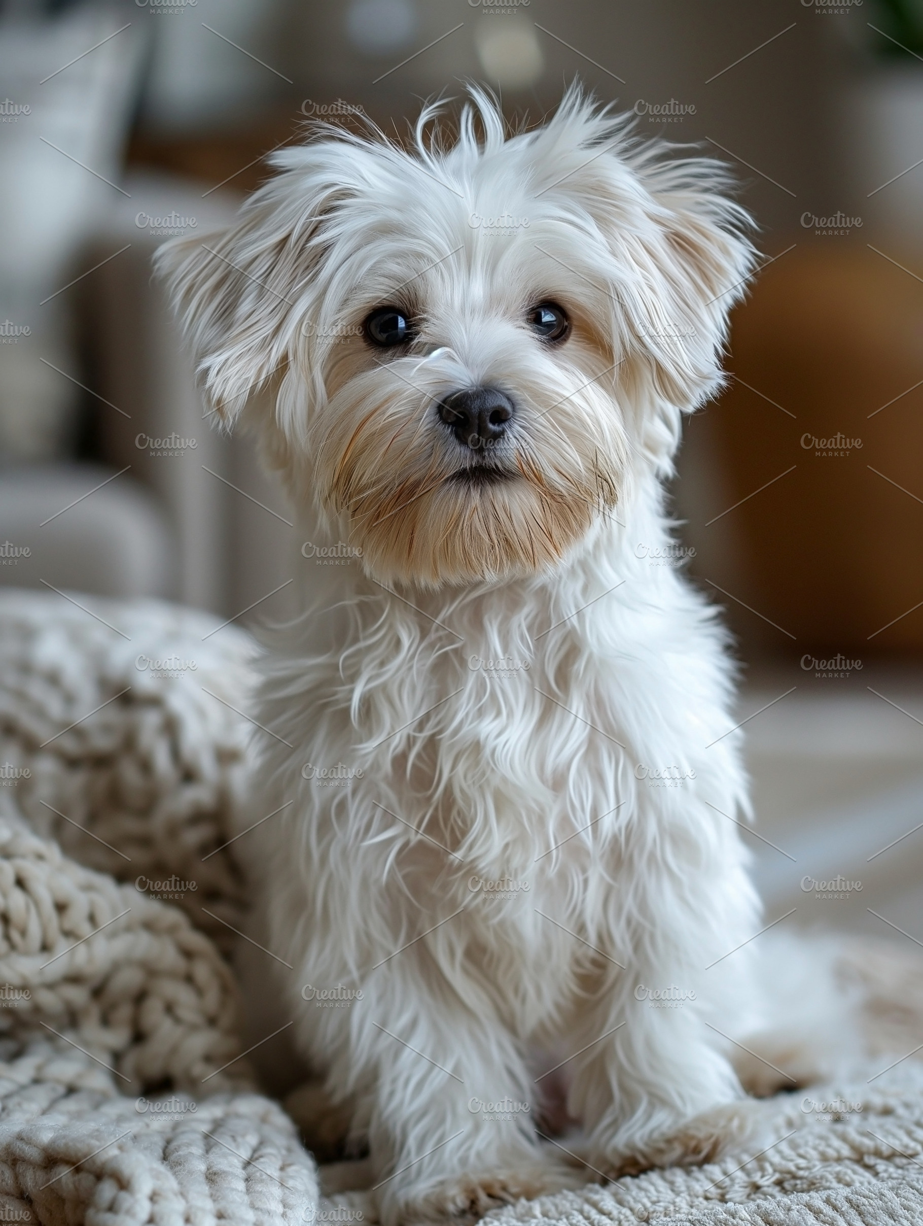 A small, fluffy white dog with a charming expression, sitting on a cozy blanket, an Animal Photo by ImageMir