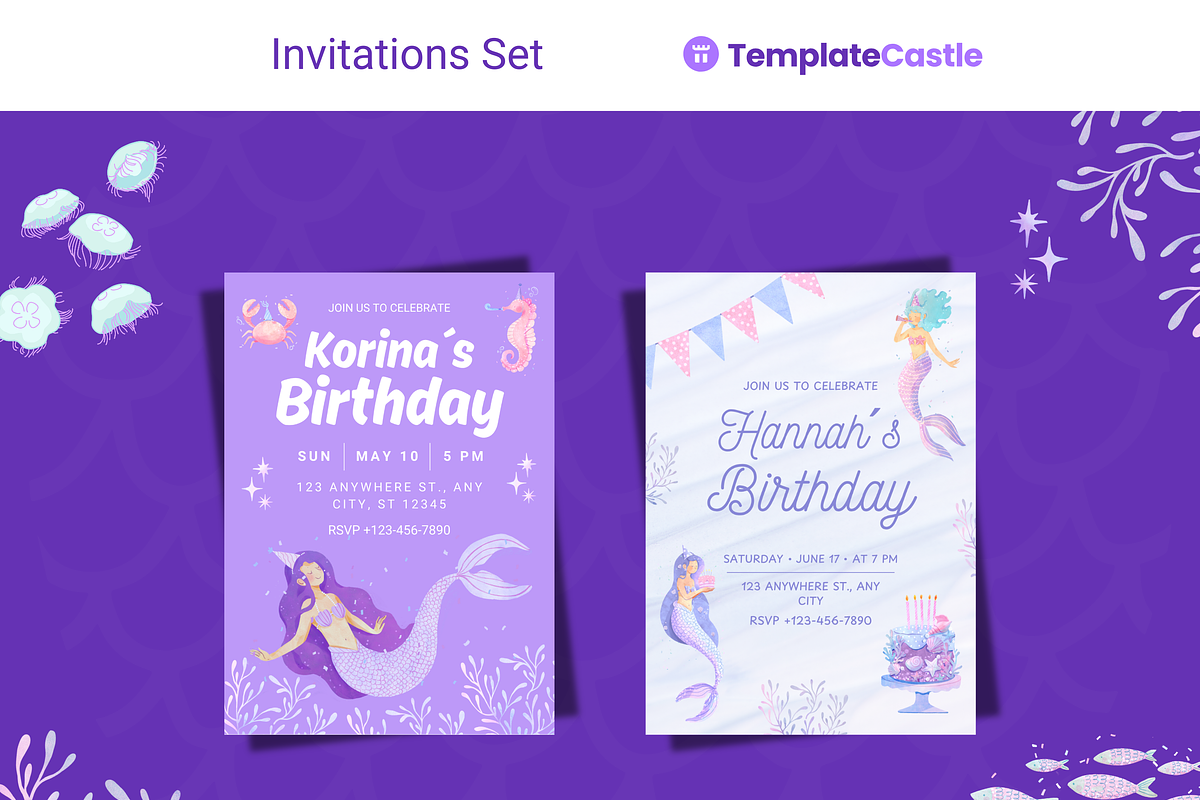 Mermaid Birthday Invitations, a Templates & Theme by TemplateCastleStore (Photo 2 of 9)