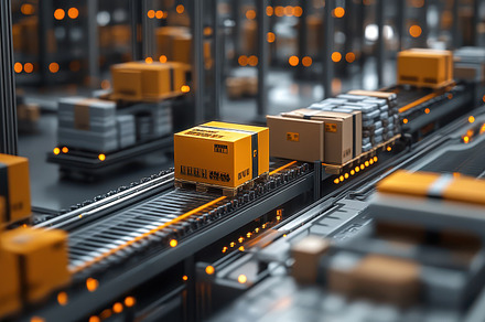 Automated conveyor system moving box, a Background Photo by Pixeness