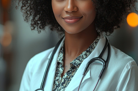Confident female doctor with tablet and stethoscope in a modern setting, a Photo by AS photostudio