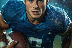 A young male football player in a blue jersey running with a football in the ra, a Person Photo by Textures & Backgrounds