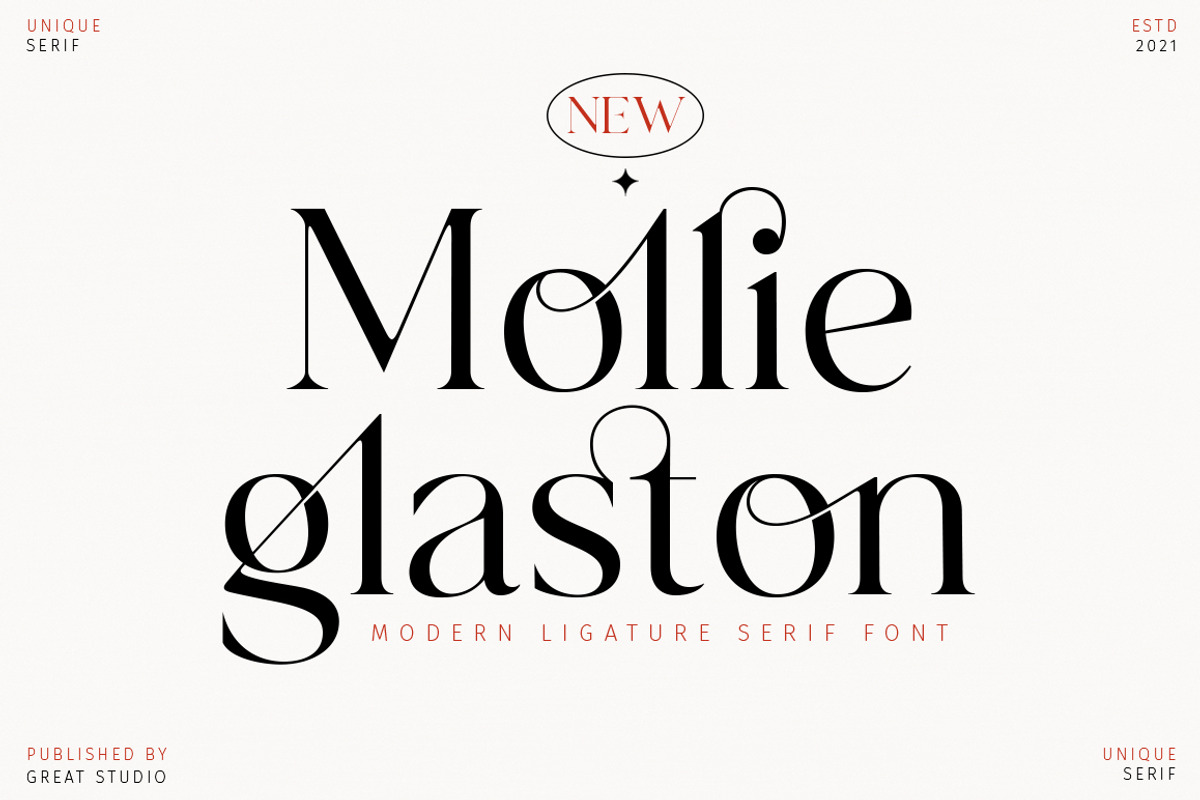 Mollie Glaston-Modern Ligature Serif, a Serif Font by Mulkan Nazir (Photo 1 of 14)
