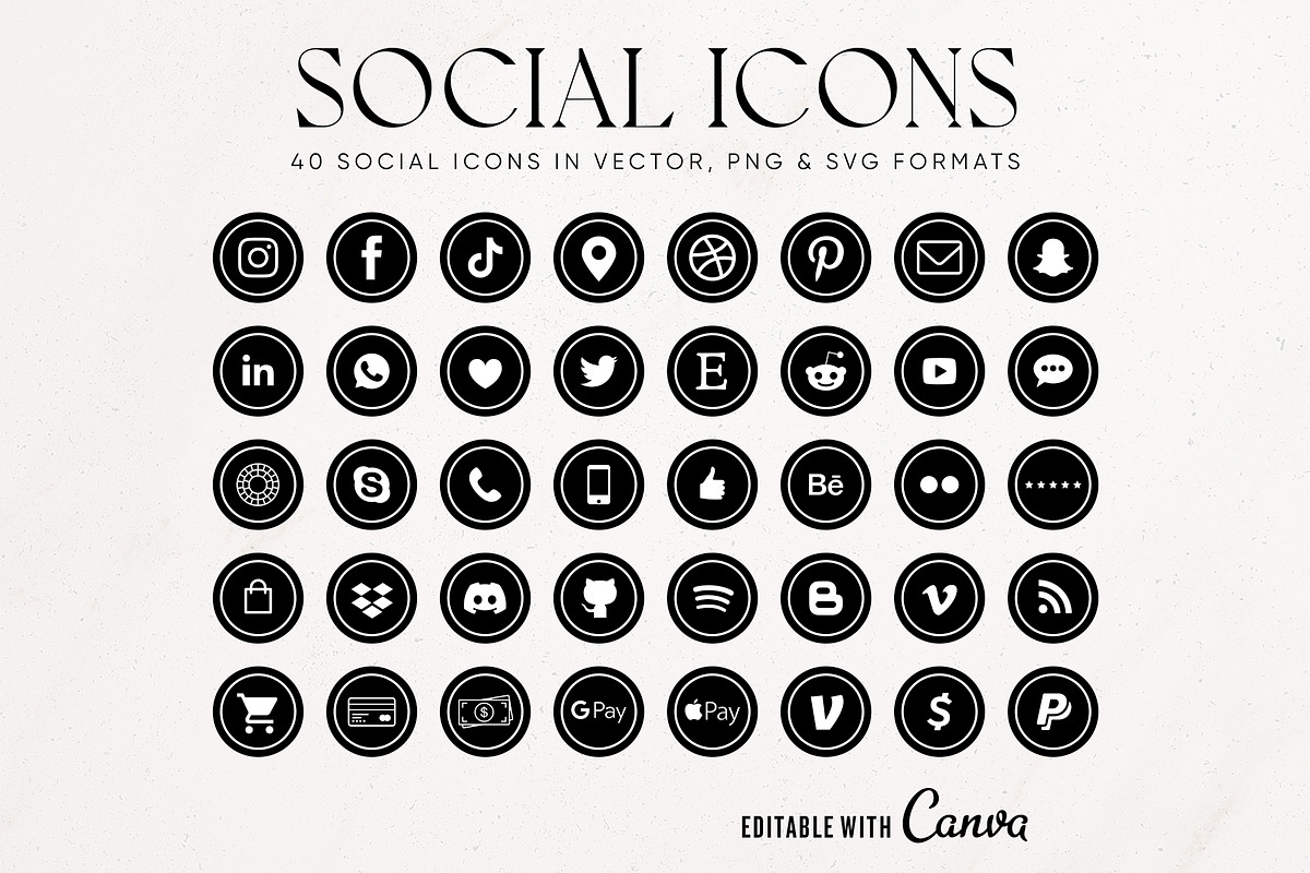 Black & White Social Media Icons Set, a Solid Icon by Indie Grace Design (Photo 1 of 2)