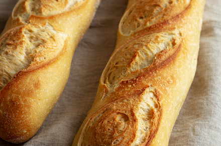 Homemade French Bread Baguette on a gray background, side view., a Food & Drink Photo by LiudmylaChuhunova