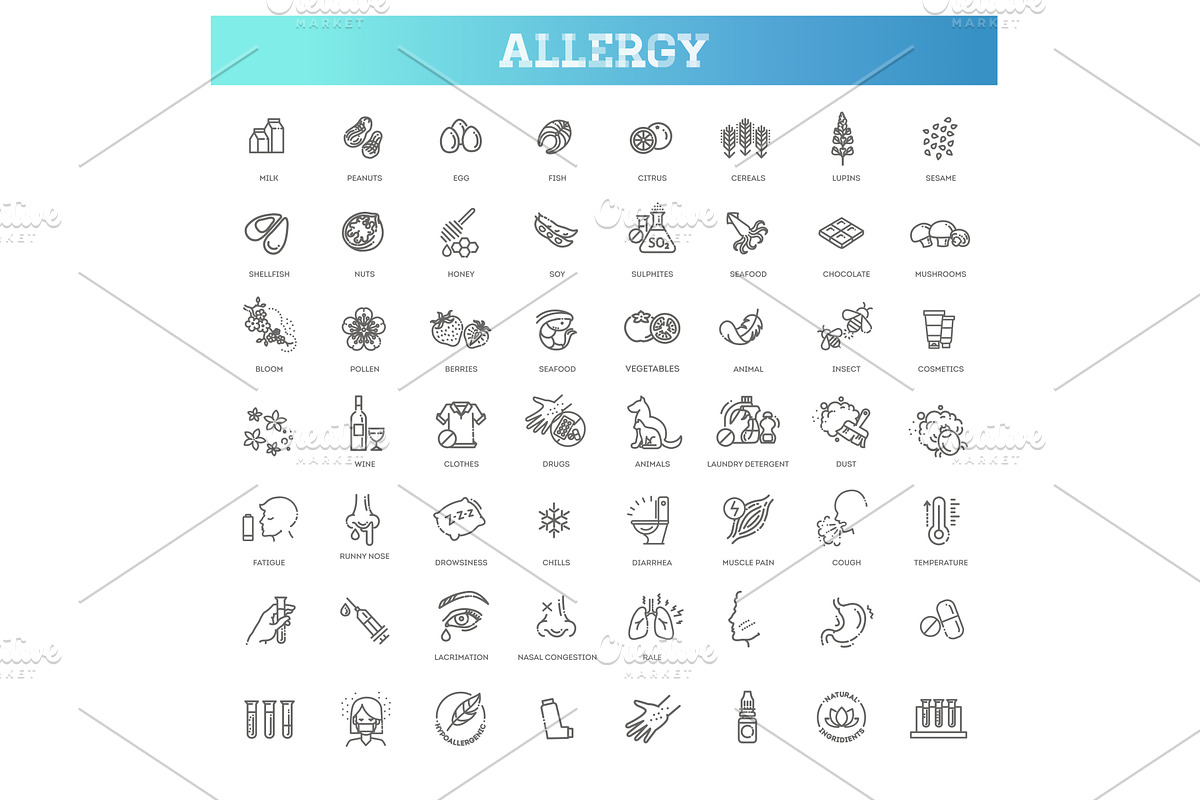 Vector set line icons of allergy, an Object Graphic by Tettygreen