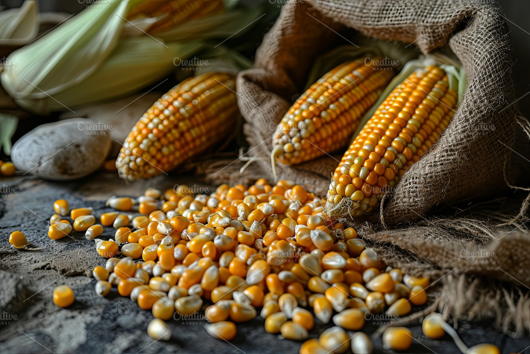 Close up of fresh corn groats and se, a Food & Drink Photo by Pixeness