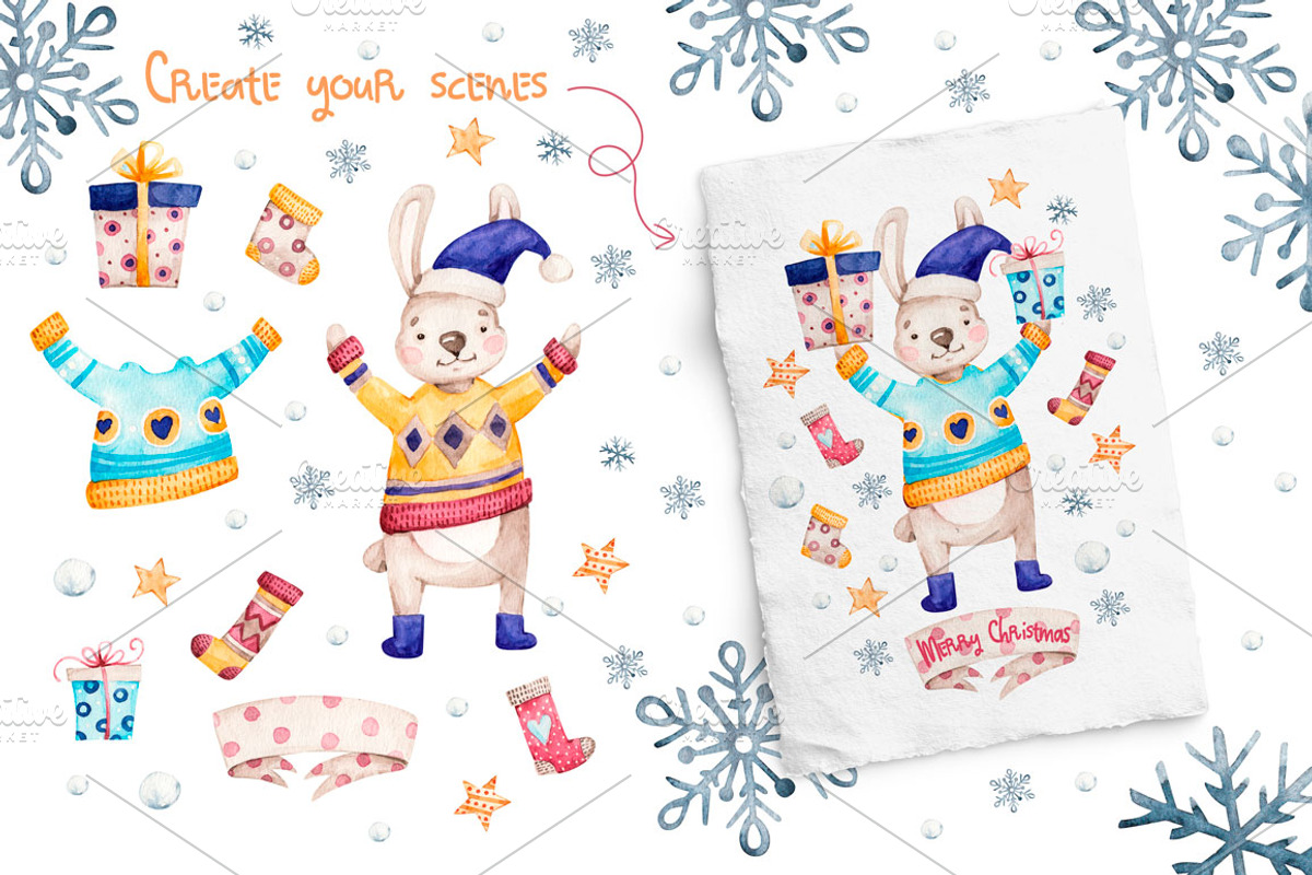 Cozy Christmas watercolor clipart, an Animal Illustration by UlitkaStudio (Photo 5 of 9)