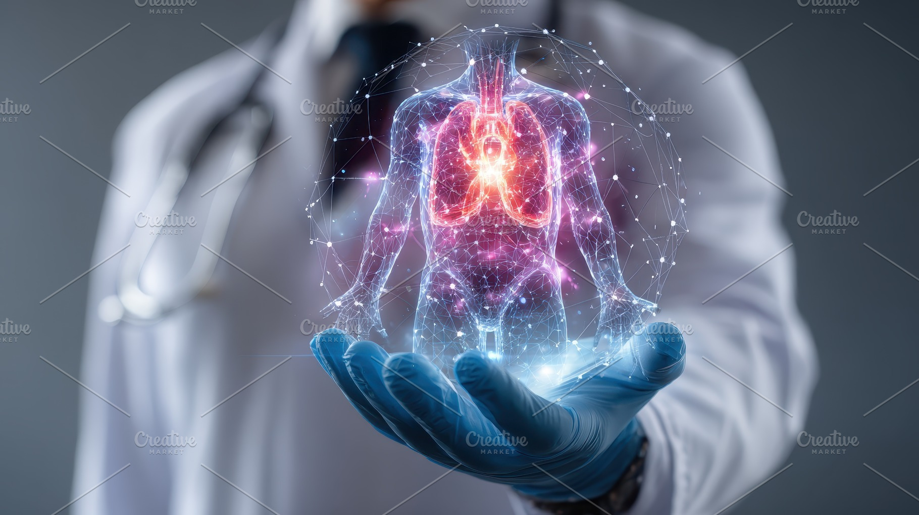 Doctor holding digital human anatomy, a Photo by Pixeness Studio
