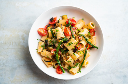 Pasta salad with grilled vegetables, zucchini, eggplant, asparag, a Food & Drink Photo by FoodStock