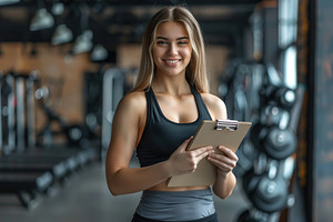 Portrait of female personal trainer with clipboard in a gym, a Person Photo by AlyaAnd
