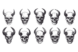 Skull with Horns Icons Set Black and, an Object Illustration by LadadikArt