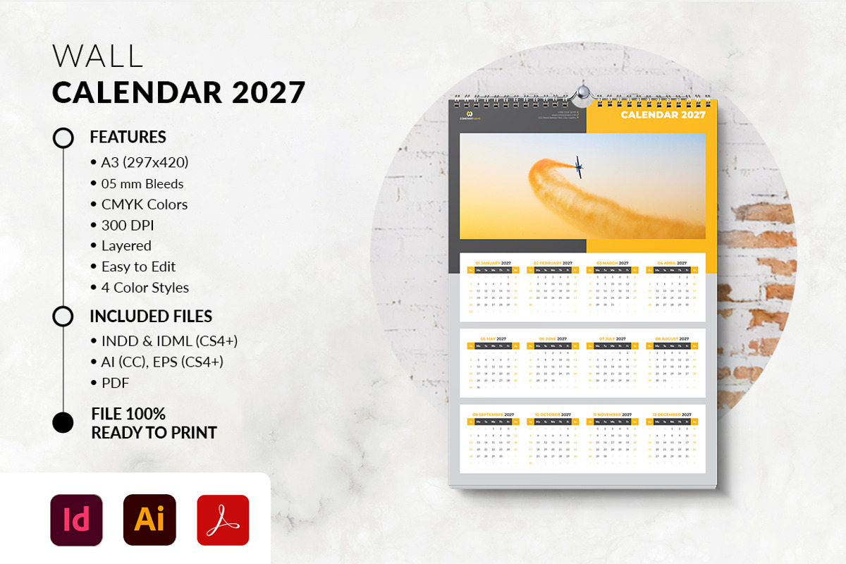 Minimalist Wall Calendar 2027 - A3, a Stationery Template by MstArtwork (Photo 3 of 5)