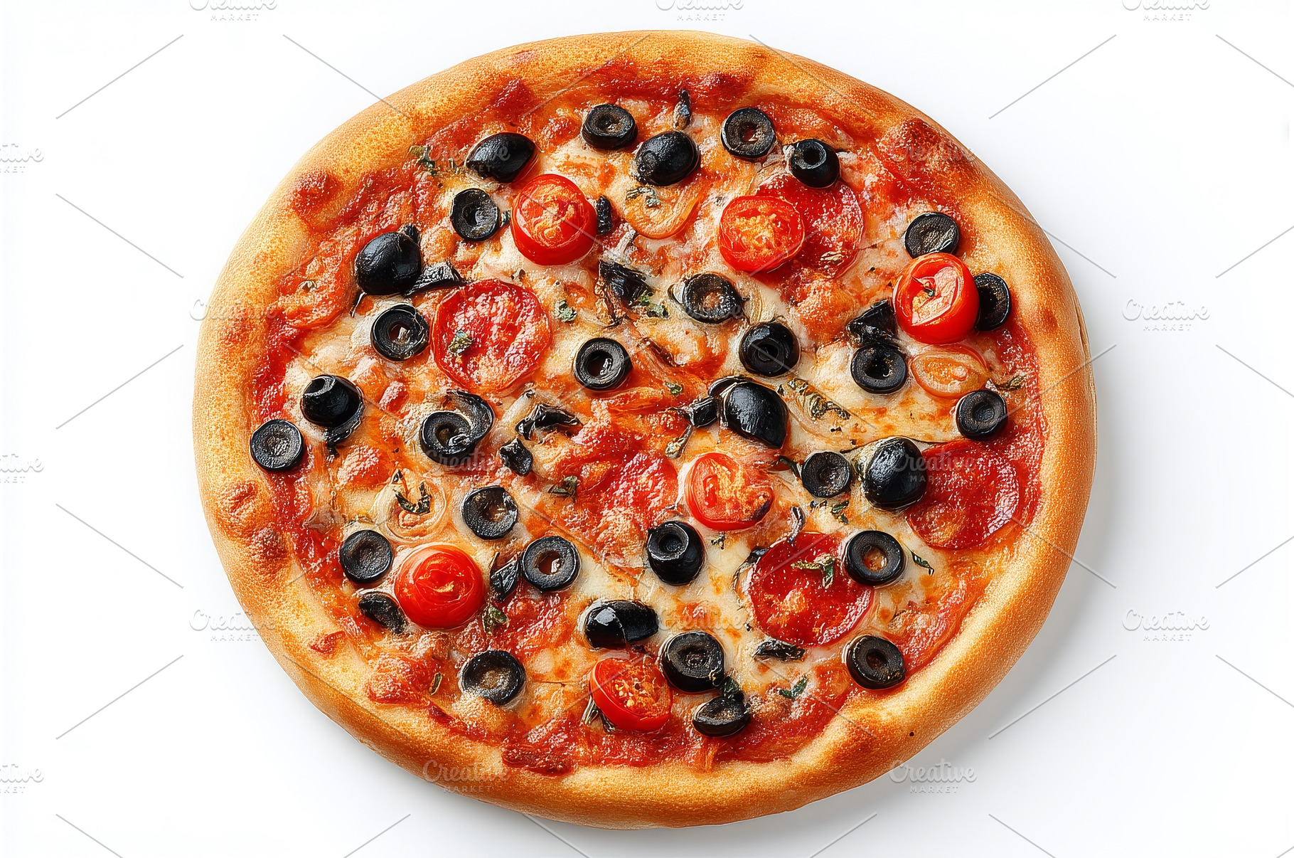 A top view of pizza featuring tomato, a Food & Drink Photo by ZinetroN