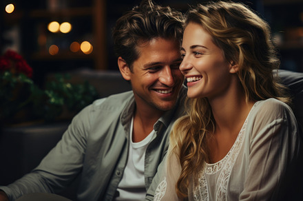 Happy young couple hugging in love each other while sitting on s, a Person Photo by AS photostudio