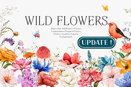 Watercolor Wildflowers & Leaves
