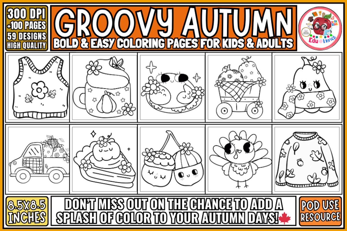 Groovy Autumn Coloring Pages, a Seasonal Illustration by EduEnrich (Photo 1 of 3)