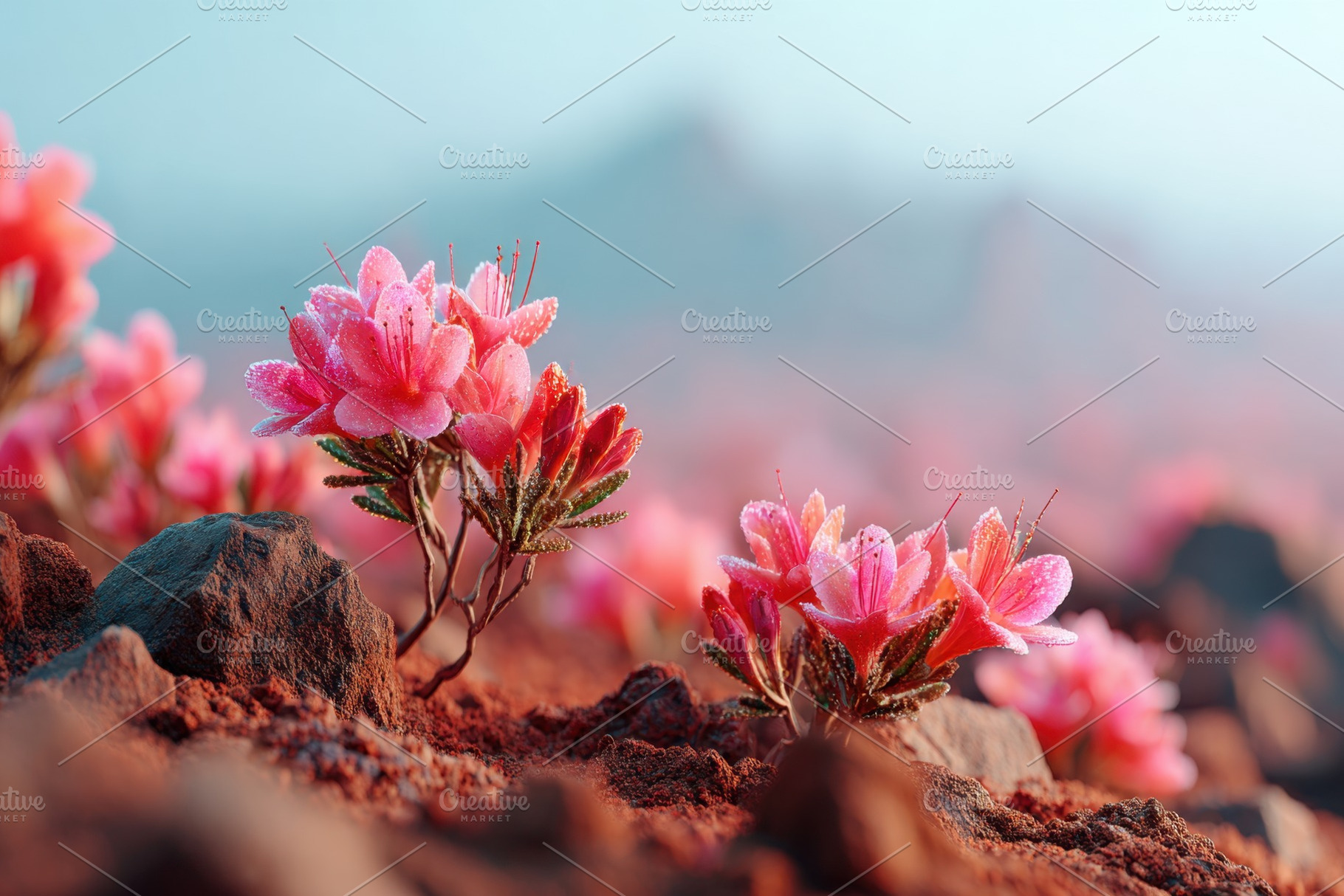 Pink Flowers with Dew on Rocky Red Soil, a Nature Photo by AlyaAnd