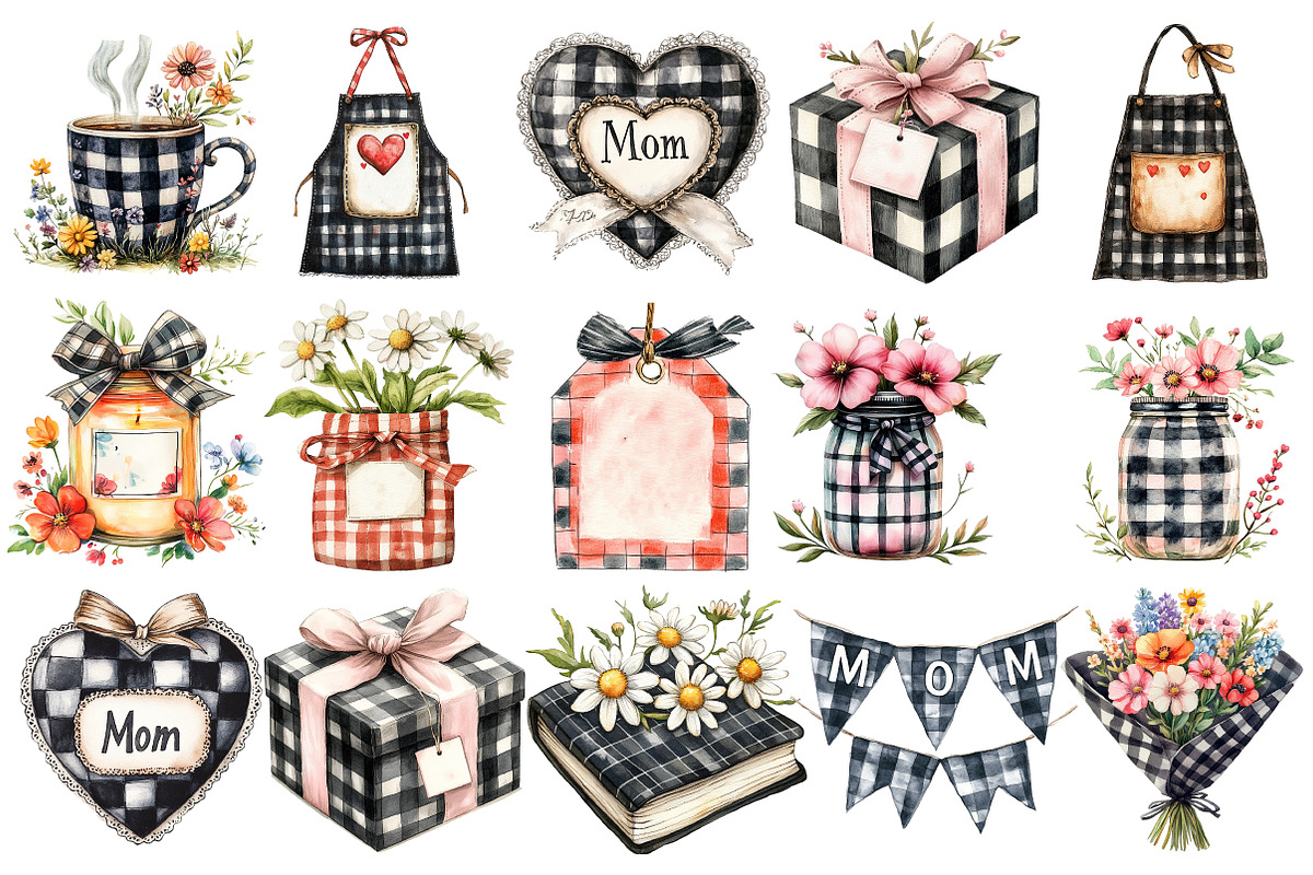 Black Gingham Mother's Day Clipart, an Illustration by Watercolor design (Photo 2 of 5)