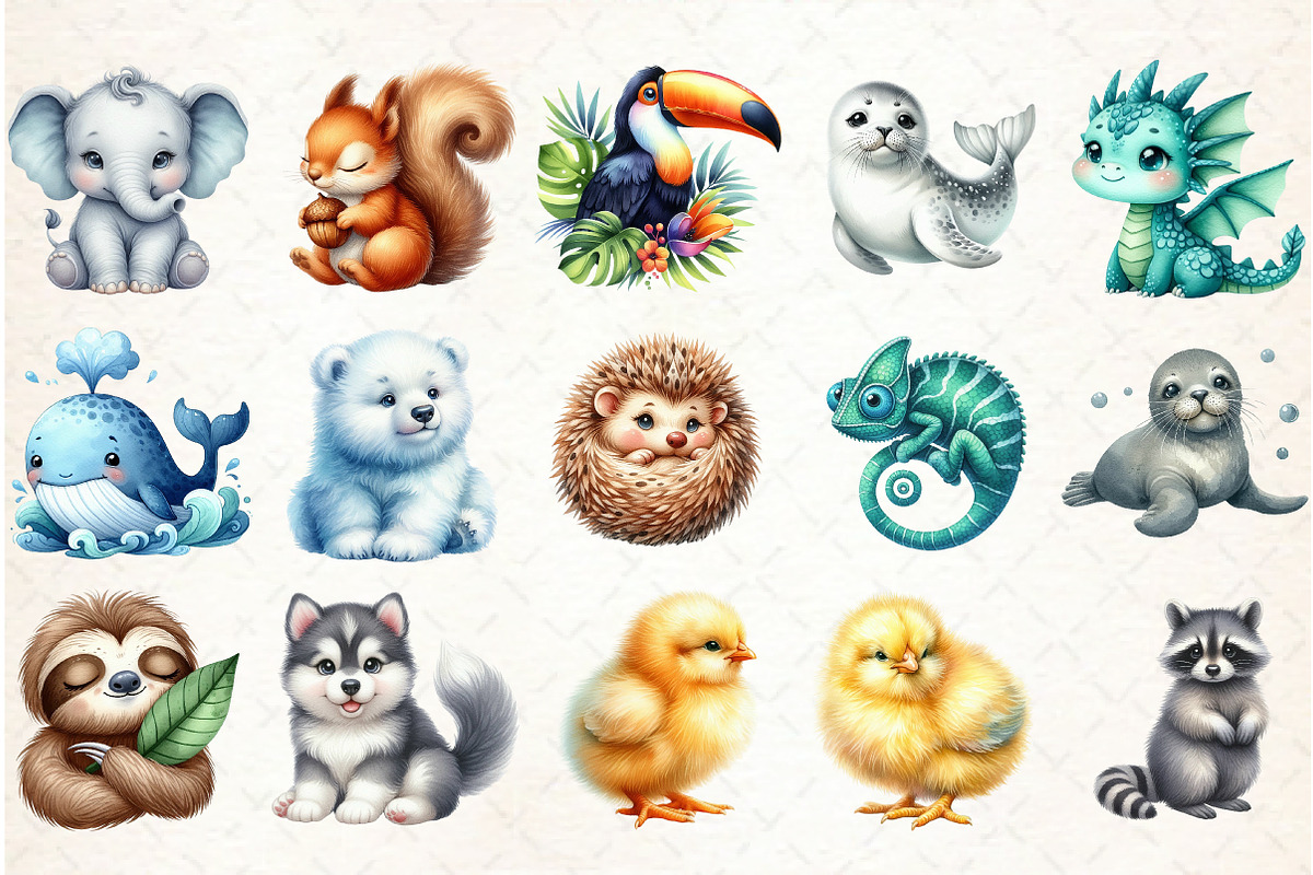 Cute Animals Watercolor Clipart, an Illustration by Libby Wishes (Photo 3 of 10)